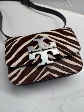Tory Burch Brown & White Zebra Print Crossbody with Silver Logo